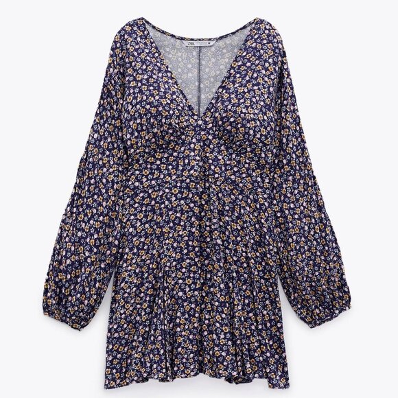 NEW Zara Floral V Neck Printed Purple Mini Dress S - Picture 7 of 11